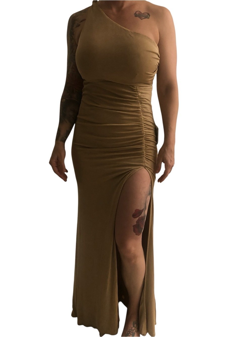 One-Shoulder Ruched Maxi Dress in Tan